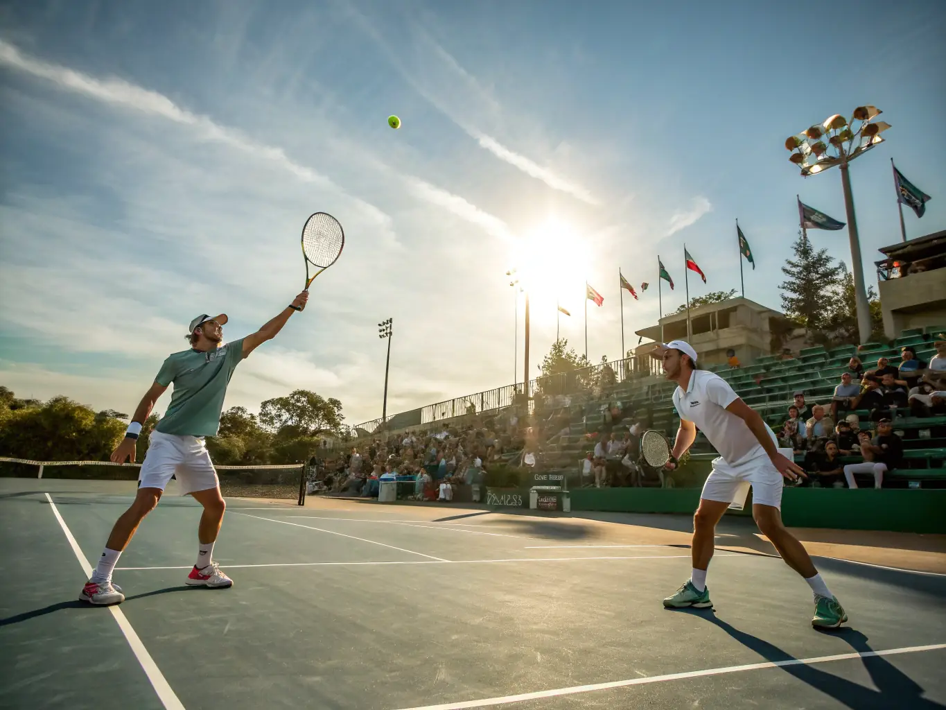An action shot of adult players engaged in a competitive doubles match on a well-maintained tennis court, showcasing intensity and teamwork.
