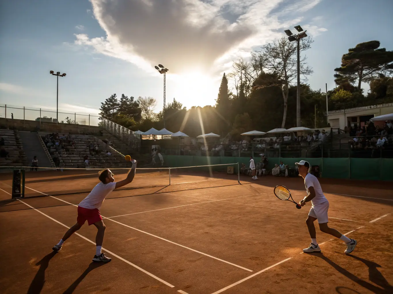 A dynamic shot of tennis players engaged in a friendly match on a well-maintained court at TCFD, showcasing the club's active and competitive environment.