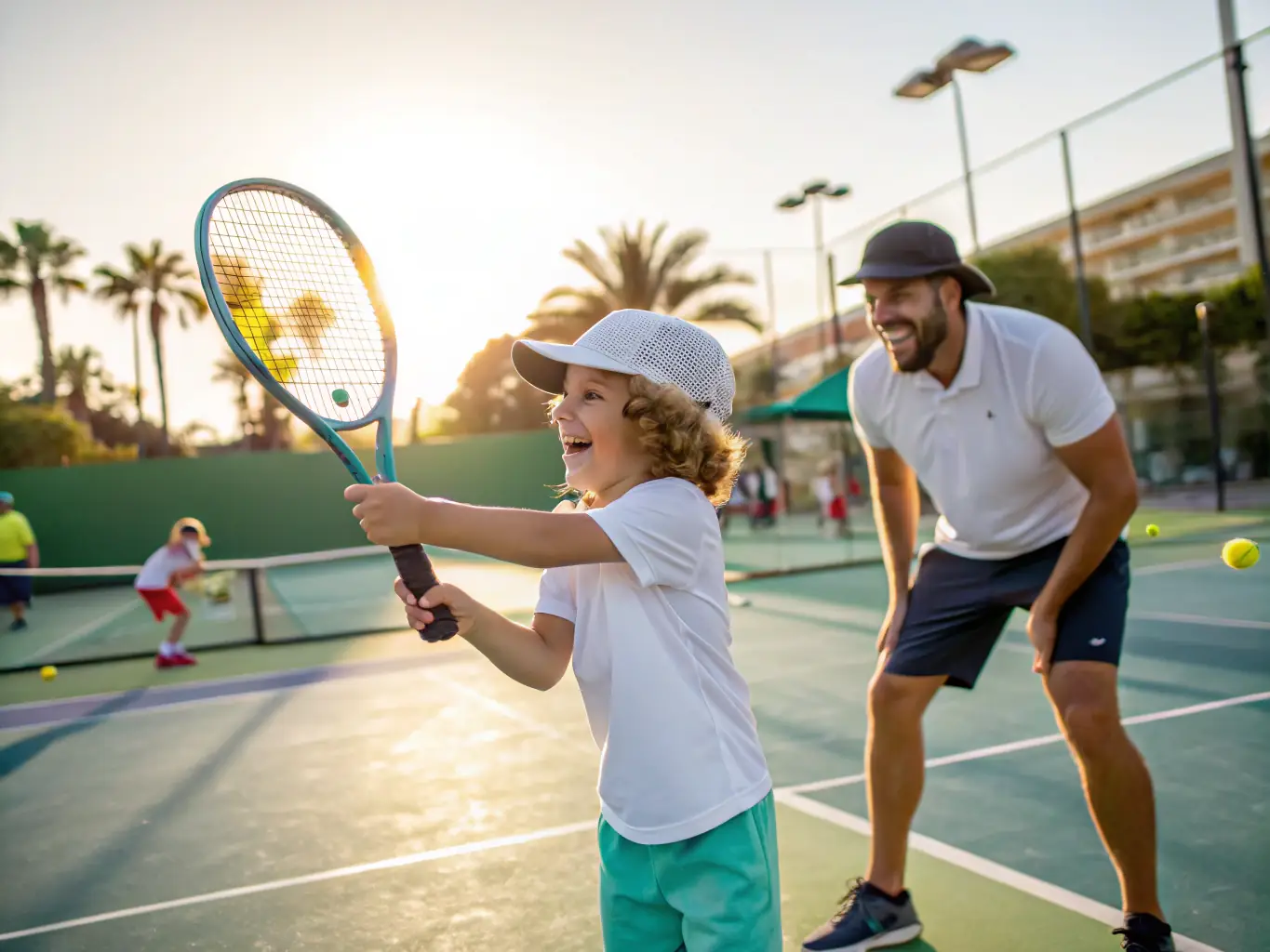 A vibrant image of young children participating in a beginner's tennis clinic on a sunny outdoor court, with a coach providing instruction and encouragement.