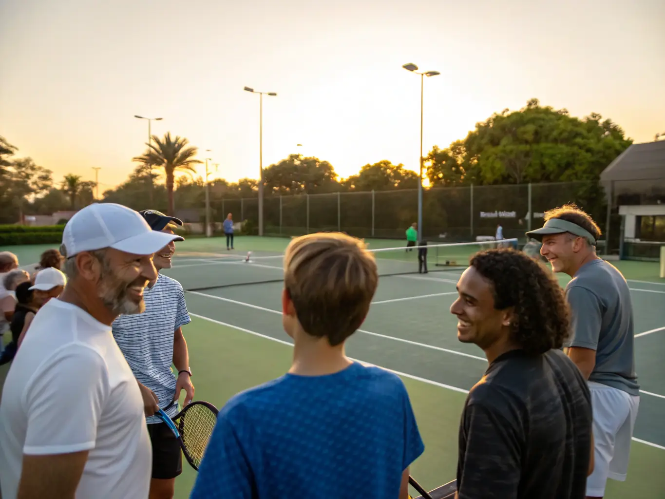 A serene image of senior players enjoying a friendly game of tennis on a clay court, emphasizing the social and health benefits of the sport.